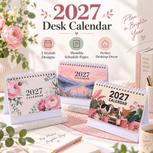 2027년 스탠딩 데스크 캘린더, 3가지 디자인, 꽃, 고양이, 풍경 그림, 월간 플래너, 스프링 제본, 데스크탑 캘린더, 새해 선물