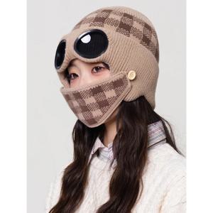 남성용 겨울 체크무늬 안경, 여성용 이중 레이어 플리스 안감 풀페이스 보호용 야외용 비행 모자, 따뜻하고 방풍 기능이 있습니다.