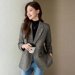 여성용 그레이 커피 긴팔 블레이저, 여성용 캐주얼 재킷, 더블 브레스트 세트, 여성 외투, 가을 겨울 패션
