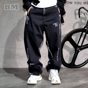 고품질 streetwear 스플래시 페인트 남성 청바지 하이 스트리트 힙합 스케이트 보드 데님 바지 한국 패션 블랙 바지 남성