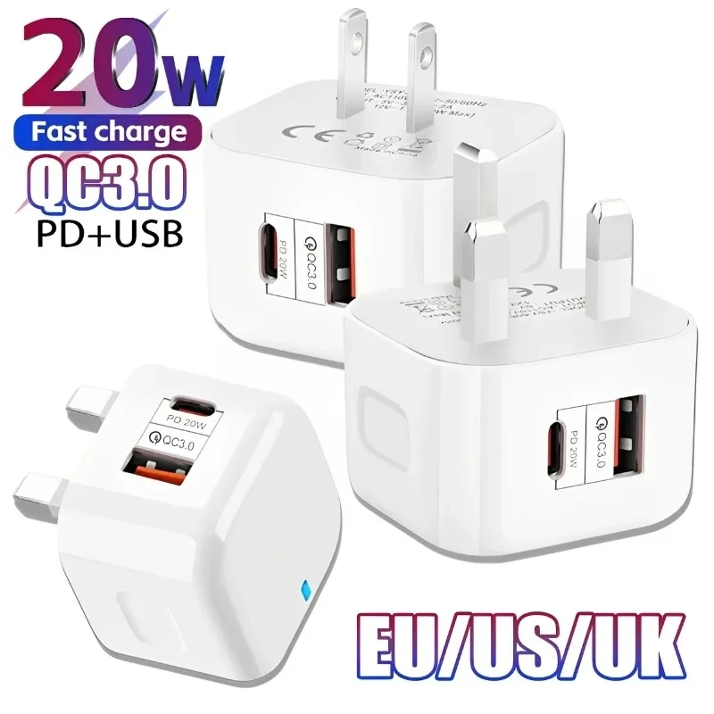EU, 미국, 영국용 20W 듀얼 포트 Type-C USB-C PD 벽면 충전기, 아이폰 11, 12, 13, 14, 15 및 삼성 제품용 고속 충전 어댑터