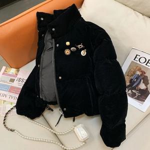 아웃코트 블랙 벨벳 레트로 숏 다운 코튼 패딩 재킷 여성용 신상 겨울 코튼 패딩 재킷 두꺼운 스탠드업 칼라 코트
