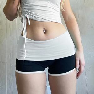 SUCHCUTE 스포츠 캐주얼 로우 허리 반바지 여성 더블 레이어 탄성 반바지 Y2K 스트리트웨어 요가 반바지 스키니 여름 홈 의상