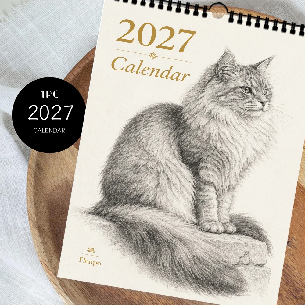 1pc 2027 벽걸이 달력, 현실적인 스케치 고양이 테마, 12개월 월간 플래너, 생일, 크리스마스, 새해를 위한 완벽한 선물
