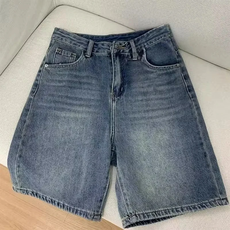 Y2K 레트로 워싱 블루 데님 버뮤다 쇼츠 여성용 하이라이즈 루즈 와이드 레그 무릎 길이 캐주얼 스트리트웨어 청바지