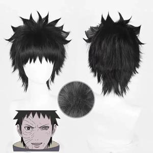 HAIRJOY ​​합성 머리 가발 Uchiha Obito 코스프레 가발 짧은 곱슬 검정 코스프레 가발 로즈 네트