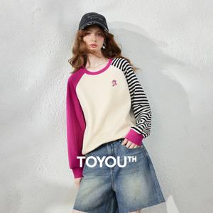 TOYOUTH 여성 후드티 2026 가을 신상 컬러 대비 패치워크 스트라이프 소매 레터 자수 루즈핏 아메리칸 스포티 탑