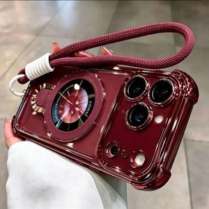 아이폰 18 Pro Max, 17 Pro, 16, 15, 14 Plus, 13, 12, 11용 고급 투명 자석 거치대형 플래팅 휴대폰 케이스 (부드러운 끈 포함)