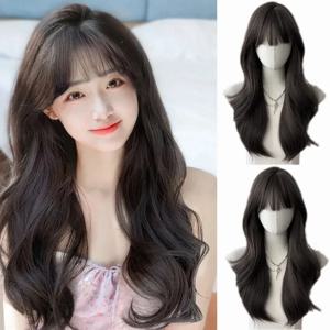 검은색 물결 모양의 컬이 들어간 인조 가발 (앞머리 포함). 할로윈 파티용 코스프레 가발, 일상 파티에도 활용 가능. 핫 와이어 가발 헤어밴드.
