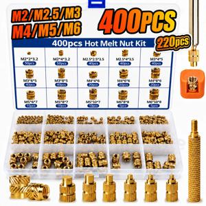 400개 황동 열삽입 인서트 M2 M2.5 M3 M4 M5 M6 널링 나사 너트 (3D 프린팅용) 설치 도구, 용접 팁 키트 포함
