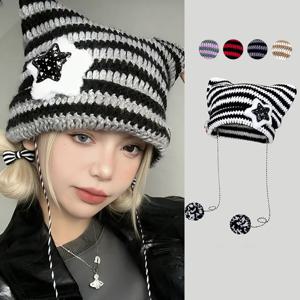 Y2K 귀여운 고양이 귀 비니 모자 겨울 스트라이프 한국 펑크 고딕 울 니트 스트리트웨어 크로셰 버킷 캡