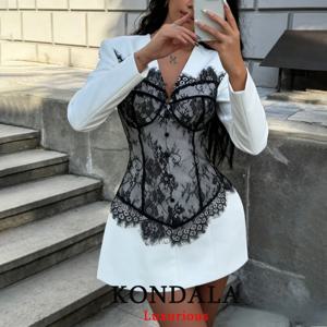 콘달라 빈티지 레이스 패치워크 미니 블레이저 드레스 여성용 긴 소매 브이넥 파티 블레이저 패션 2026 봄 우아한 블레이저