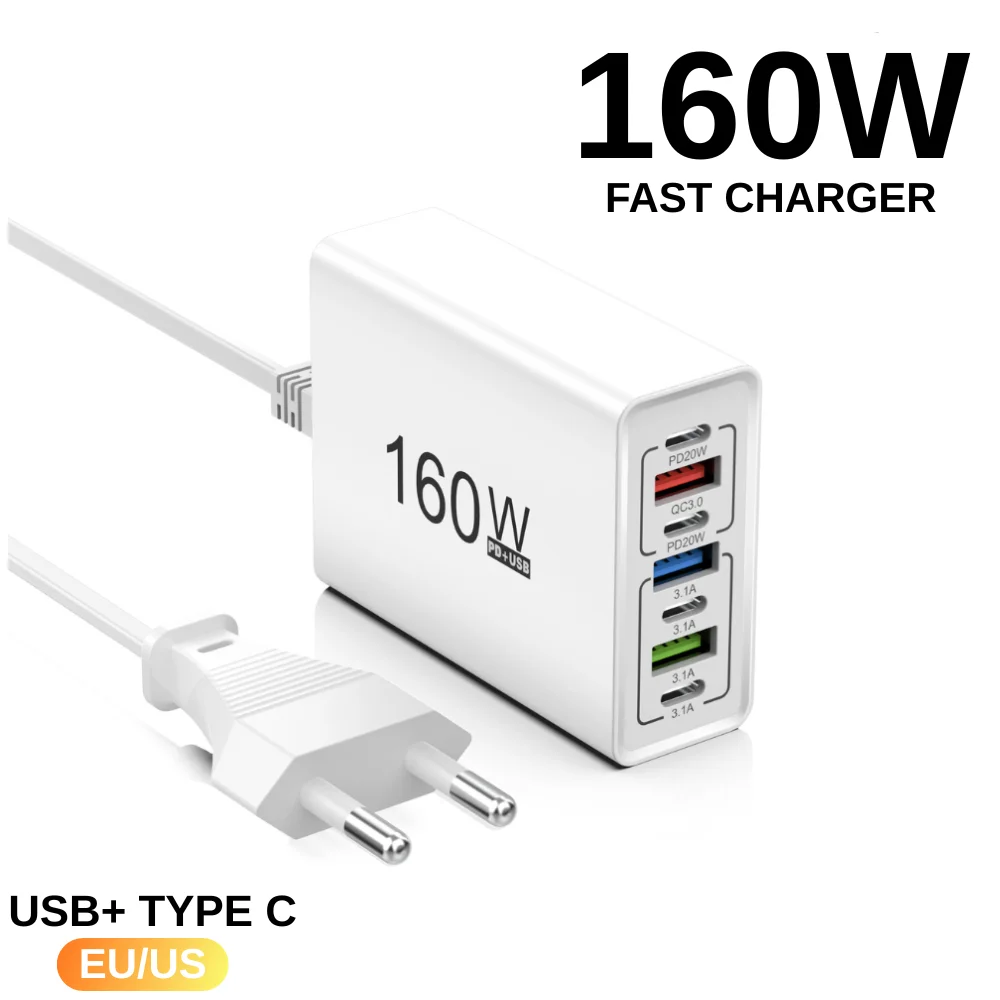 160W USB 멀티 포트 충전기 타입 C 고속 충전 멀티탭 소켓 (아이폰, 삼성, 샤오미, 화웨이, 아너 휴대폰 어댑터용)