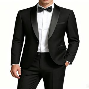 남성용 블랙 새틴 숄 라펠 턱시도 수트 2피스, 슬림핏 정장 블레이저 & 팬츠 (웨딩 파티, 프롬, 신랑 의상)