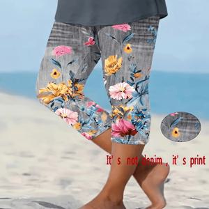 여성용 꽃무늬 프린트 카프리 레깅스, 하이 스트레치 인조 데님 스키니 크롭 팬츠, 다용도 스포츠 캐주얼 슬림핏 발목 길이 바지