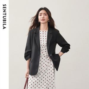 SENTUBILA 여성용 가벼운 비즈니스 블레이저 패드 숄더 아세테이트 리오셀 혼합 2026 가을 출퇴근 캐주얼 수트 재킷 163XC7789