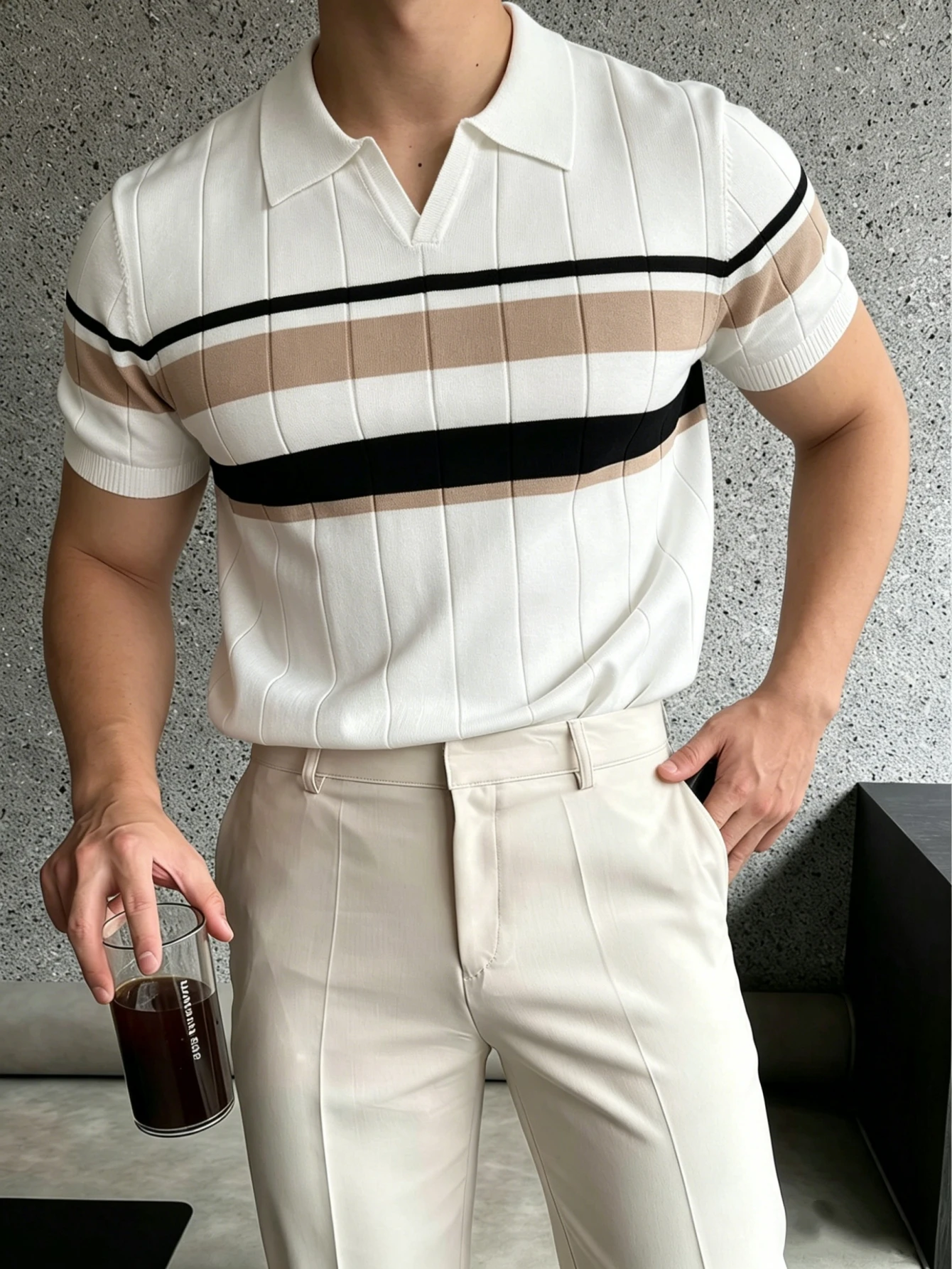 남성용 슬림핏 세로 리브 니트 폴로 셔츠, 라펠 V넥 컬러 블록 가로 스트라이프 반소매 니트 티셔츠, 비즈니스 스마트