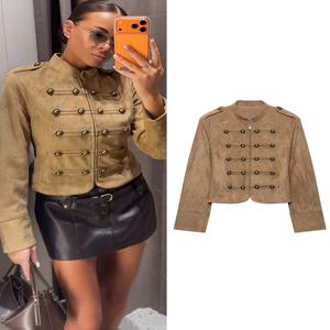TFMLN 여성 슬림 자켓 스탠드 칼라 더블 브레스트 메탈 버튼 장식 지퍼 프론트 크롭 아우터 가을 신상 여성 의류