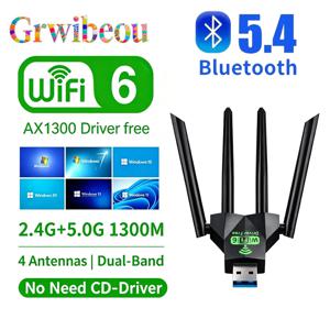 GRWIBEOU 1300Mbps Wi-Fi 6+BT5.4 어댑터, USB2.0, 듀얼 밴드(2.4GHz/5GHz), 802.11AX Wi-Fi+블루투스+USB, 4개 안테나, 무선 수신기 드라이버