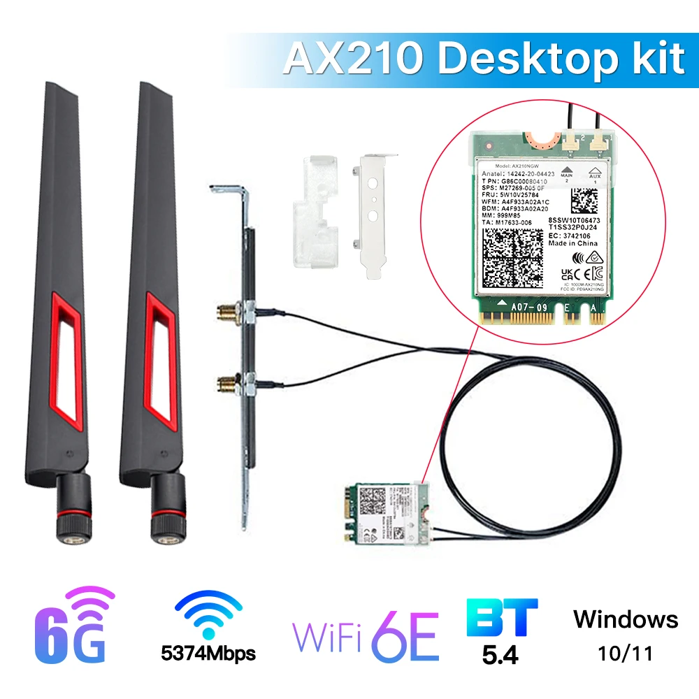 트라이 밴드 WI-FI 6E 인텔 AX210 블루투스5.4 5374Mbps M.2 무선 WiFi 카드 AX210NGW 2.4G/5G/6G 802.11ax 안테나 키트 포함 Win11