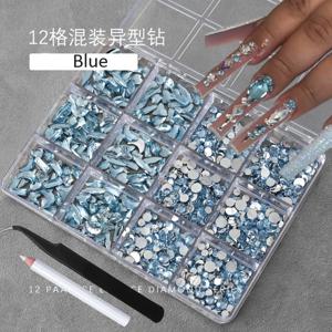 12칸 3D 베이비 블루 다양한 모양 네일아트 라인스톤 플랫백 레진 다이아몬드 고급 네일 참 DIY 네일 팁 데코레이션용