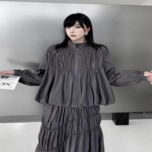 유행하는 블룸 디자인 셔츠 스커트 세트 여성용 봄 여름 루즈핏 레이지 스타일 스탠드 칼라 지퍼 셔츠 하프 바디 스커트