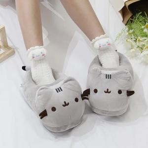 만화풍 통통한 회색 고양이 슬리퍼 따뜻하고 아늑한 털실내화 커플 남녀 가을 겨울용 실내화 선물