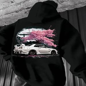 가을/겨울용 남성용 후드티, 미니멀리스트 스트리트웨어 스타일, 빈티지 JDM 화이트 스포츠카와 벚꽃 그래픽 디자인