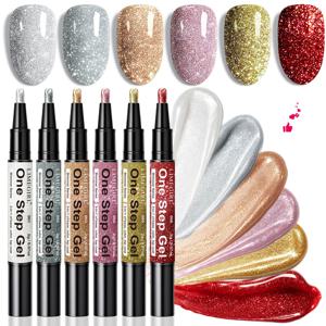 LIMEGIRL 3-IN-1 글리터 원스텝 젤 네일 폴리시 펜 베이스 및 탑 코트 불필요 빠른 건조 오래 지속되는 UV LED 글리터 네일 젤 펜