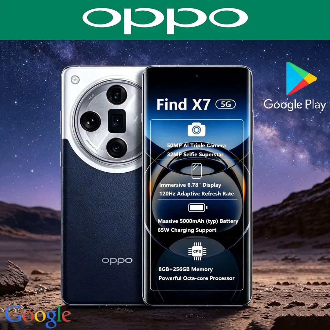 새로운 OPPO Find X7 5G 듀얼 SIM 스마트폰, 긴 사용 시간을 제공하는 배터리, 6.78인치 눈 보호 기능이 있는 화면, 50MP 카메라, 8GB RAM + 256GB 저장 공간.
