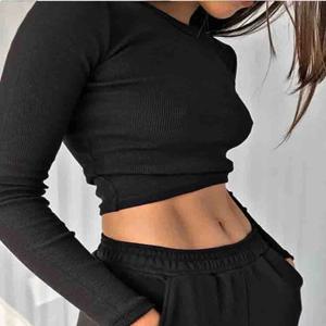 여성용 O넥 긴팔 셔츠, 골지, 섹시 크롭탑, 블랙, 캐주얼, 스키니, 슬림, 베이직, 화이트, 2024 용수철