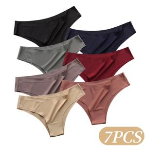 7개 세트 여성용 아이스 실크 브라질리언 팬티, 심리스 로우라이즈 브리프, 솔리드 컬러 데일리 언더웨어, 부드러운 노쇼 란제리, M-XL 사이즈