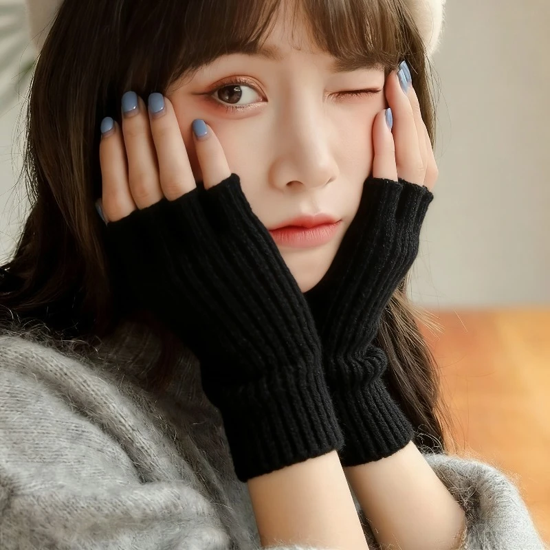 여성용 겨울용 솔리드 하프 핑거 장갑 부드럽고 따뜻한 울 니트 팔 장갑 글쓰기용 따뜻한 장갑
