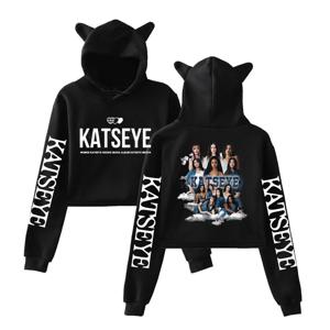 여자 그룹 KATSEYE 그래픽 후드티 여성 캐주얼 빈티지 스웨트셔츠 귀여운 고양이 귀 크롭탑 핫 카트시이 스트리트웨어 크롭탑
