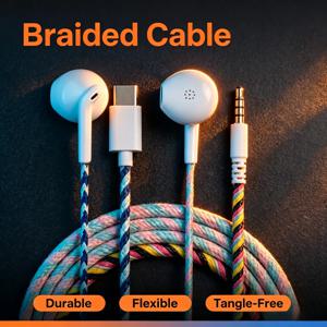 타입 C 3.5mm 유선 이어폰, 튼튼한 브레이드 케이블, 플러그 앤 플레이, 인라인 마이크, 원클릭 통화, 스마트폰, 태블릿 PC용 음악 감상