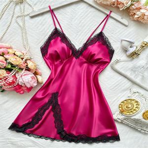 여성 우아한 나이트드레스 레이스 패치워크 V넥 패션 솔리드 홀터 드레스 얇고 통기성 좋은 파자마 여성용 새틴 라운지웨어