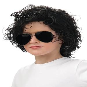짧은 검정 곱슬머리 로커 디스코 가발 (안경 포함) 남성용 웨트룩 가발 70년대 멀렛 가발 마이클 잭슨 롤플레잉용 합성 가발