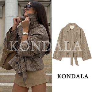 KONDALA 여성 클래식 엘레강트 벨트 재킷 출퇴근용 빈티지 더블 브레스티드 숏 트렌치 코트 2026 가을 트렌디 하이 스트리트 재킷