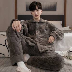 2PCS/세트 두꺼운 따뜻한 남성용 잠옷 겨울 패딩 긴팔 바지 코랄 벨벳 슬립웨어 홈웨어 청소년용 체크무늬 의류