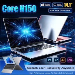 새로운 14.1인치 노트북, 인텔 코어 N150 프로세서, 16GB RAM, 32GB SSD, 2TB 하드 드라이브, 게이밍 PC, 초슬림 디자인, 사무 및 학습용, 윈도우 11 프로, 1920x1080 HD 해상도.