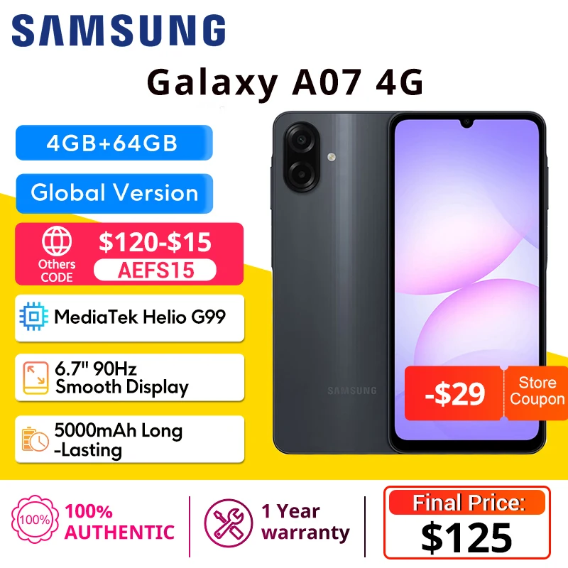삼성 갤럭시 A07 4G 스마트폰 미디어텍 G99, 6.7인치 PLS LCD 90Hz 디스플레이, 5000mAh 배터리, 50MP 메인 카메라 글로벌 버전
