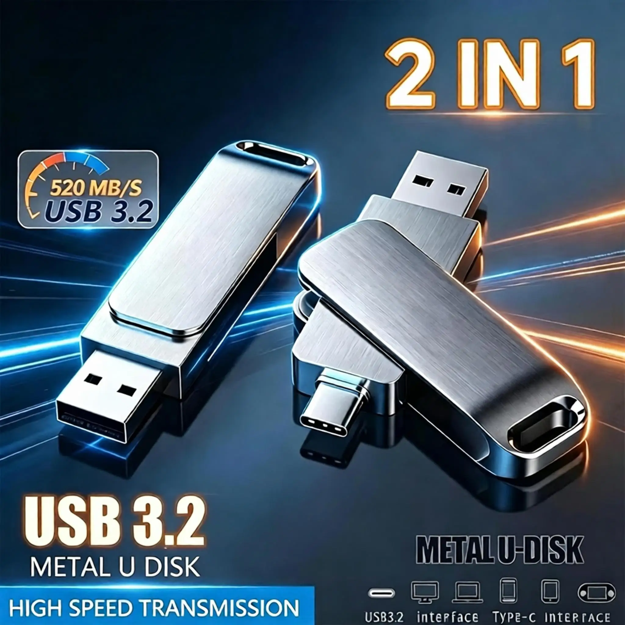 새로운 USB3.2 512GB 고속 캐시 USB 드라이브 2 in 1 타입-C 메모리 스틱, 휴대폰 PC 노트북 데이터 전송용 실제 용량 신제품