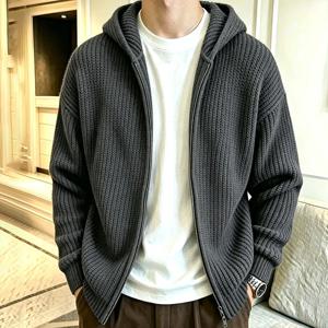 가을 겨울 남성용 후드 스웨터 가디건 패션 캐주얼 솔리드 컬러 지퍼 니트 가디건 편안한 아우터 재킷