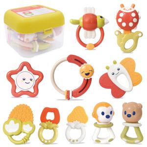 10PCS 아기 딸랑이 0-12개월 신생아용 부드러운 벨 치발기 손 흔드는 아기 침대 모빌 링 보관함 포함 교육용 선물 장난감