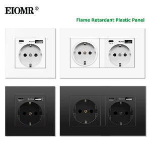 EIOMR EU 표준 전원 소켓, 싱글 및 더블 220V 16A 화이트 블랙 PC 패널, 가정용 벽 USB C타입 플러그 콘센트