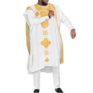 남자를위한 새로운 아프리카 옷 Dashiki 전통 복장 가운 자수 흰색 탑 바지 정장 Bazin 이슬람 웨딩 파티 의류