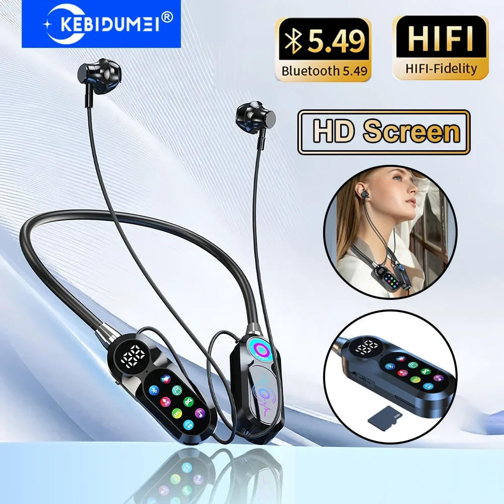 HD 스크린 이어폰 Bluetooth 5.4 헤드폰 넥밴드 헤드셋 TWS 무선 이어버드 HiFi 스테레오 음성 보조 지원 TF 재생