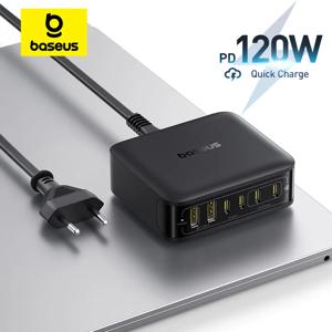 베이스어스 120W 데스크탑 충전기 노트북 고속 충전기 6 in 1 충전기 아이폰 17 16 15 14 프로 맥스 삼성 아이패드 퀵 충전기 GaN
