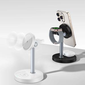 15W 고속 무선 충전기 스탠드 iPhone 12-16 시리즈 iWatch 및 AirPods용 3-in-1 자기 무선 충전기 각도 조절 가능