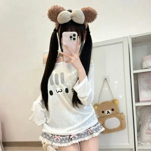 일본식 스위트 프린트 긴팔 티셔츠 여성 여름 귀여운 오프 숄더 시스루 얇은 자외선 차단 탑 카와이 Y2k 미적 슬림 티셔츠